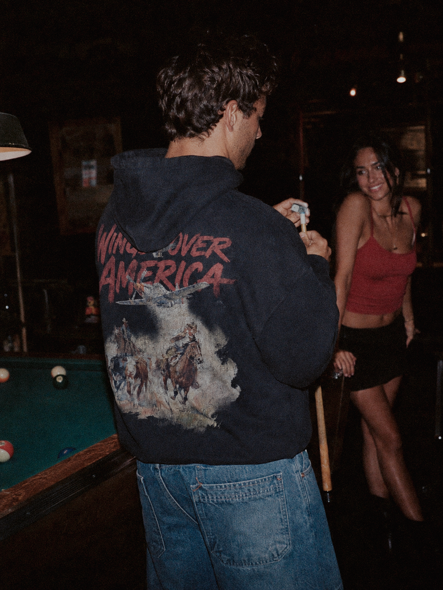 American Wings Boxy Hoodie styled on a model