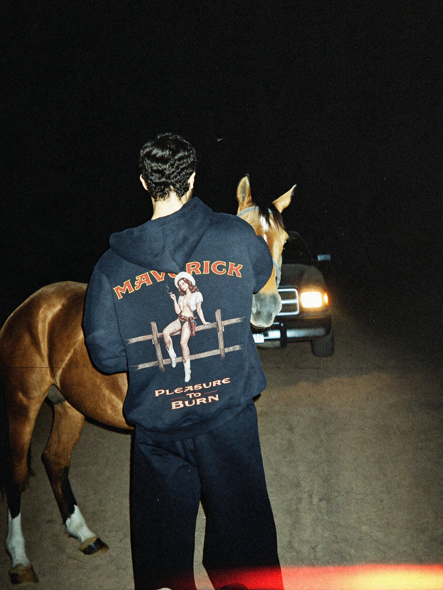Pleasure to Burn Boxy Hoodie styled on a model